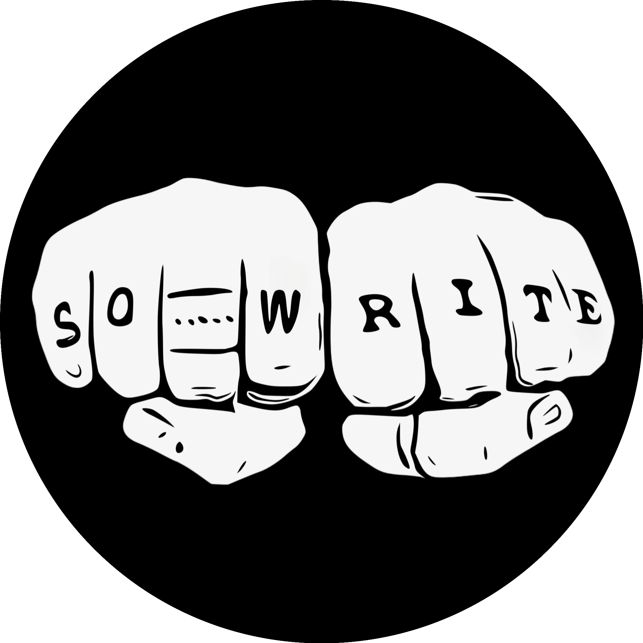 Our Logo. Two fists with "So Write" written on the knuckles. The fists are white. The background is black.